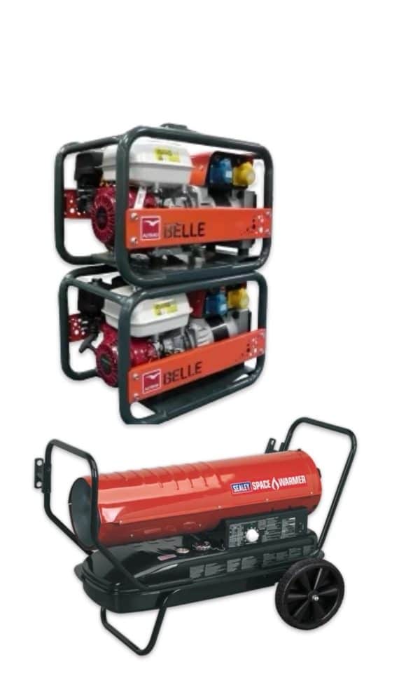 DUO HIRE- BELLE/HONDA GPX5000 GENERATORS AND 125,000Btu/hr Space Warmer® Paraffin/Kerosene/Diesel Heater with Wheels