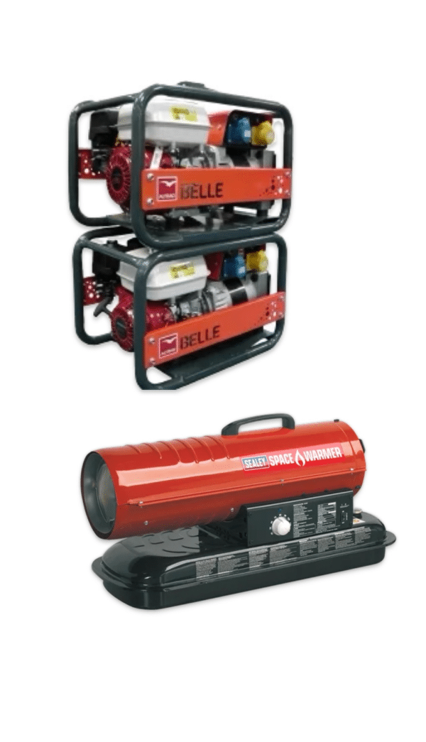 DUO HIRE- BELLE/HONDA GPX5000 GENERATORS AND 70,000Btu/hr Space Warmer® Paraffin/Kerosene/Diesel Heater