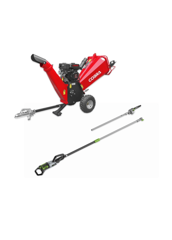 DUO HIRE- COBRA CHIPPER CHIP700L WOOD CHIPPER (TOW HITCH NOT ATTACHED) AND EGO BATTERY LONG REACH PRUNER