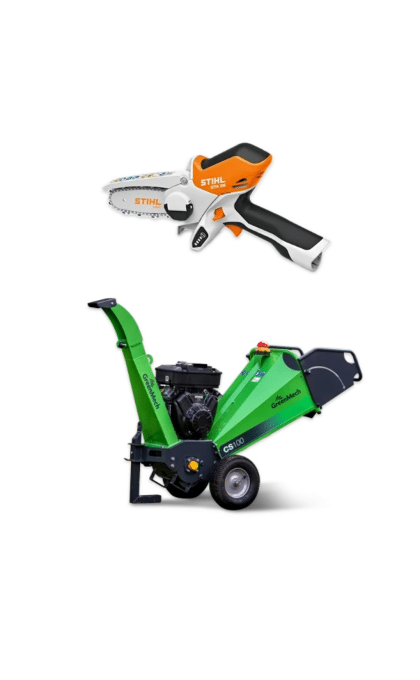 DUO HIRE- STIHL GTA 26 CORDLESS GARDEN PRUNER AND GREENMECH CHIPPER CS100